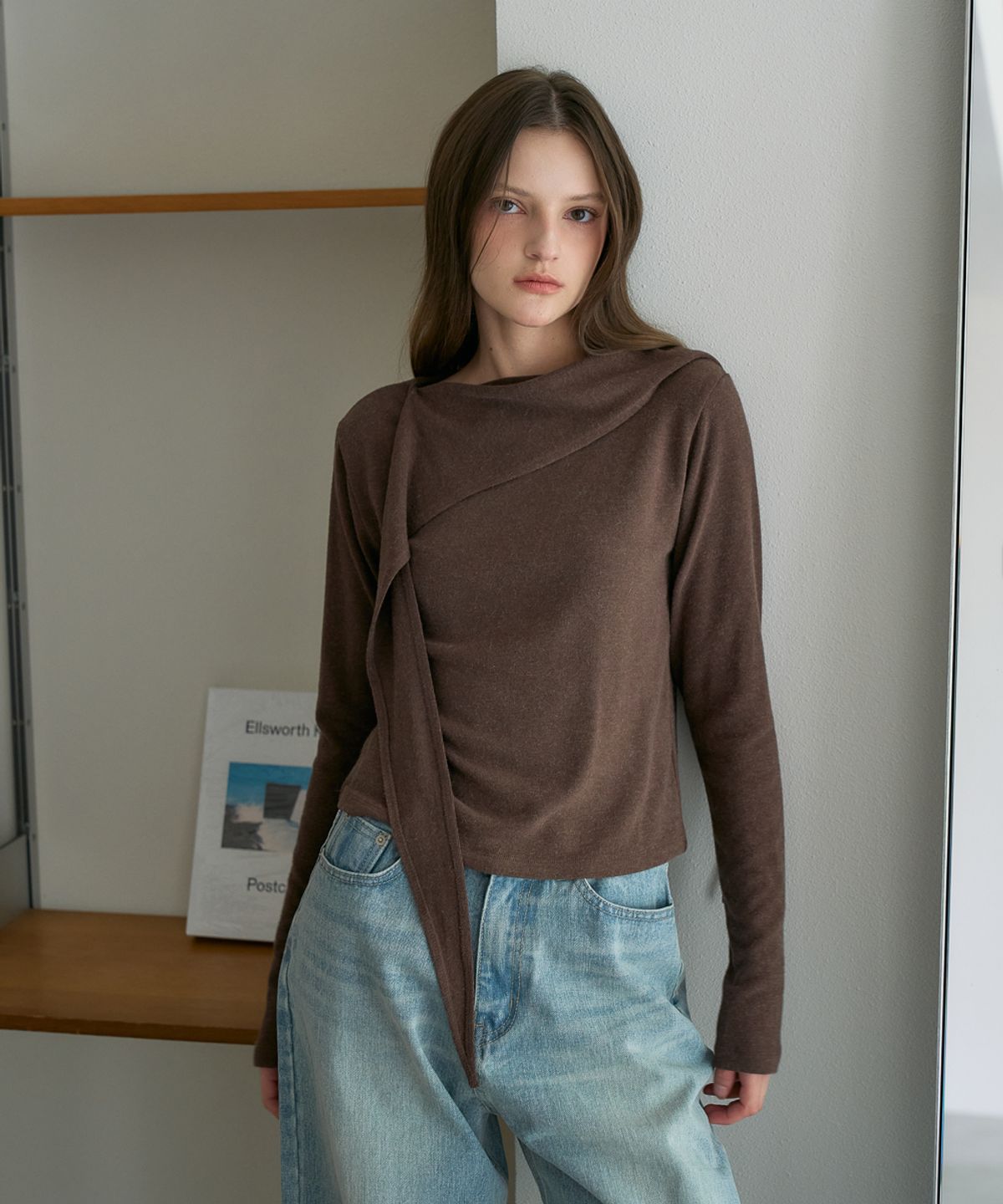 드헤베(DEHEVE) Drape Scarf Long Sleeve [Brown]