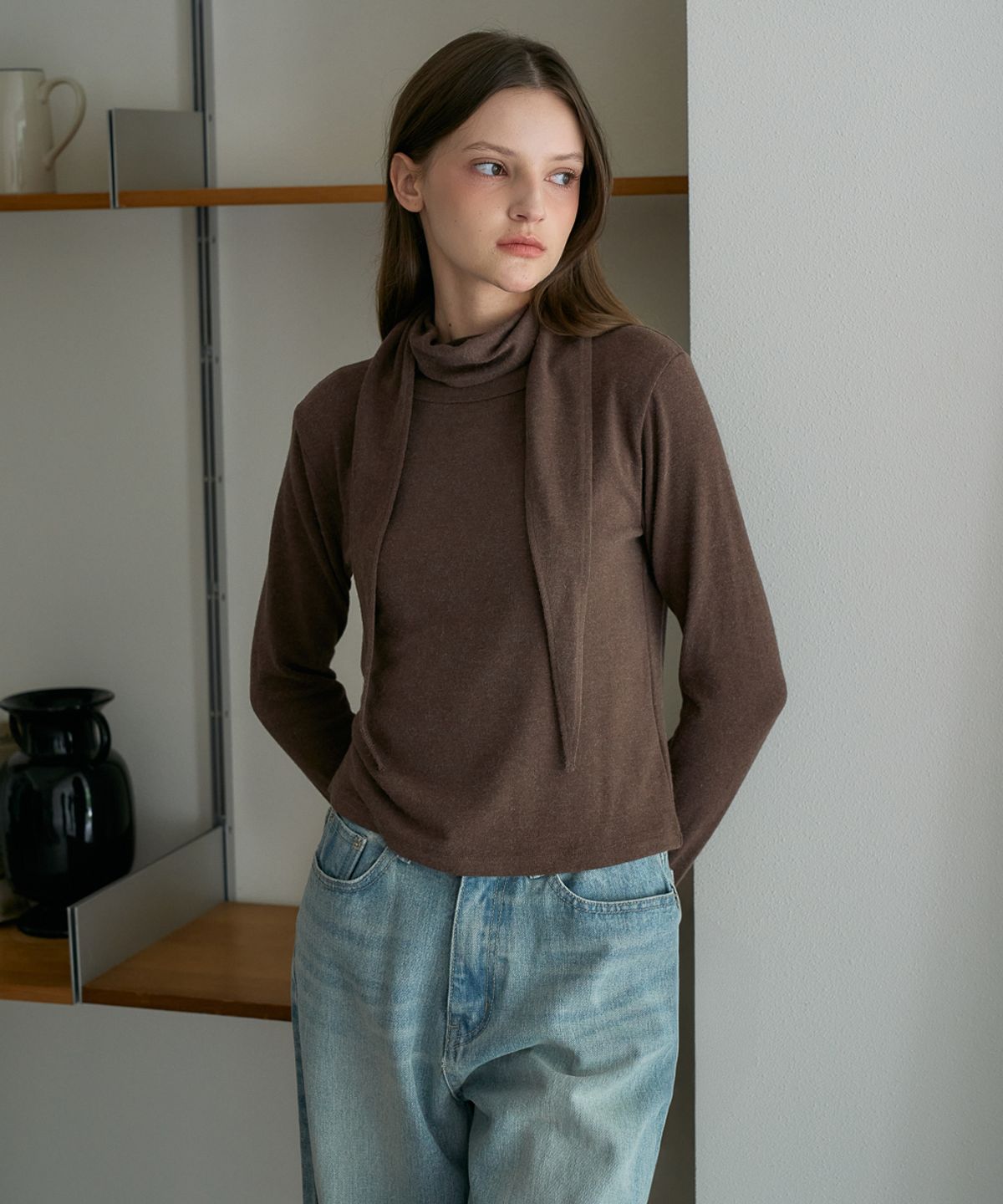 드헤베(DEHEVE) Drape Scarf Long Sleeve [Brown]