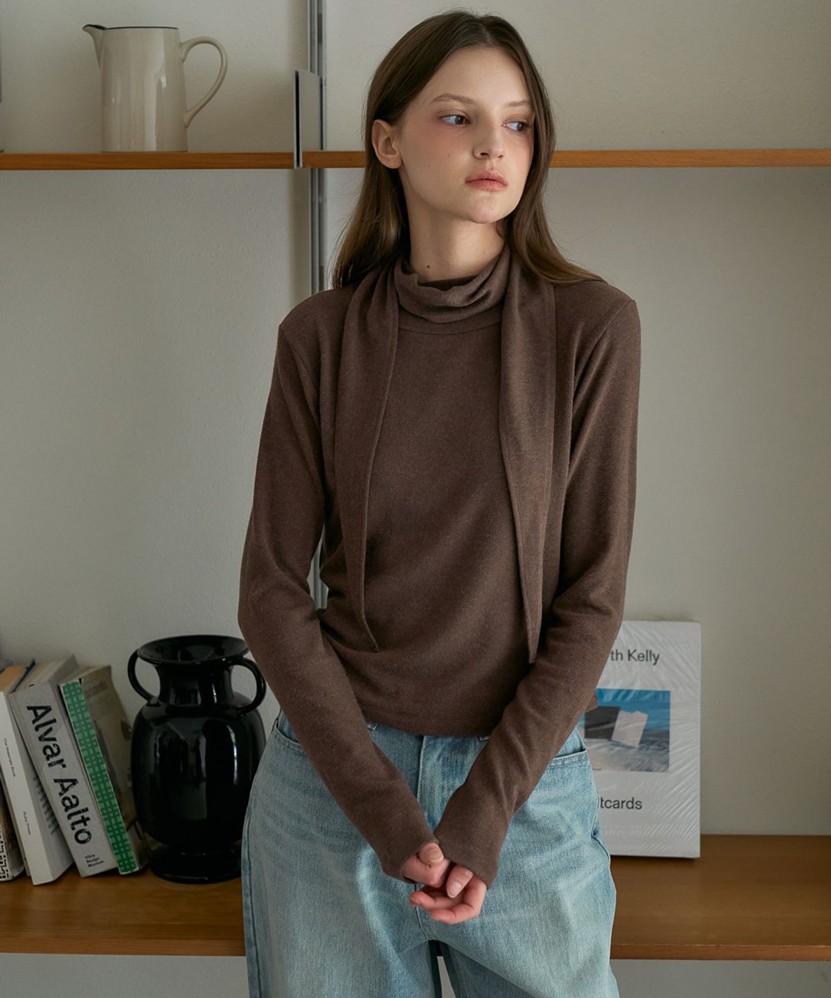드헤베(DEHEVE) Drape Scarf Long Sleeve [Brown]