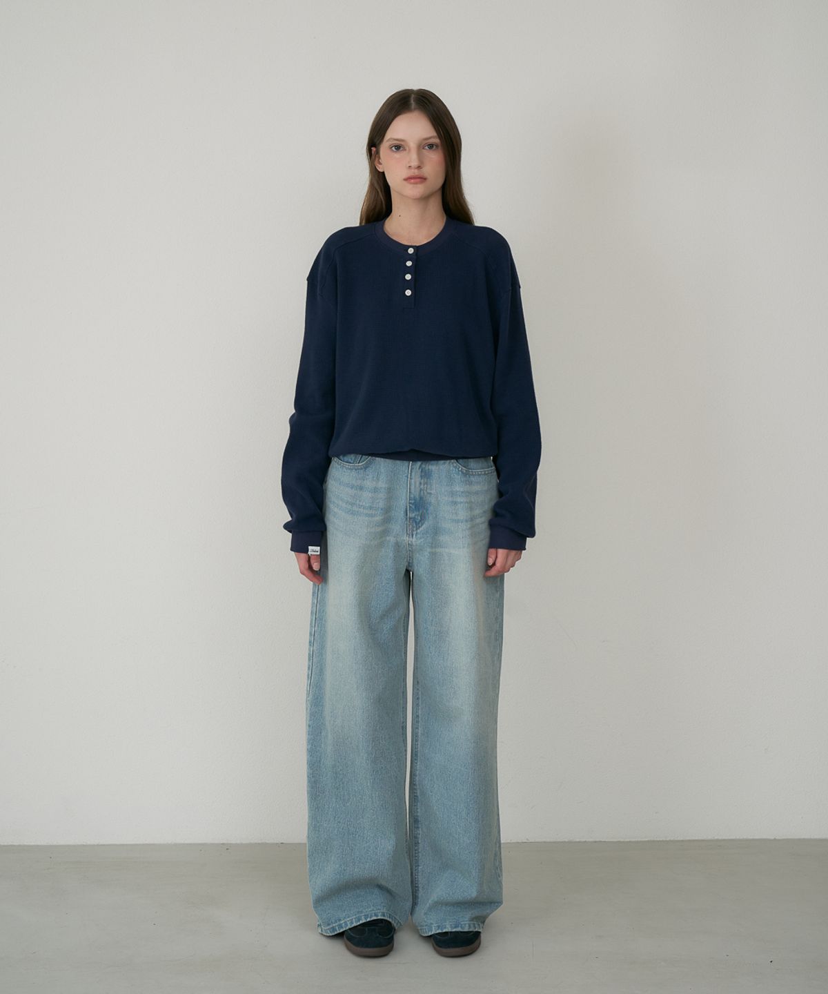 드헤베(DEHEVE) Check Henley-neck Sweatshirt [Navy]