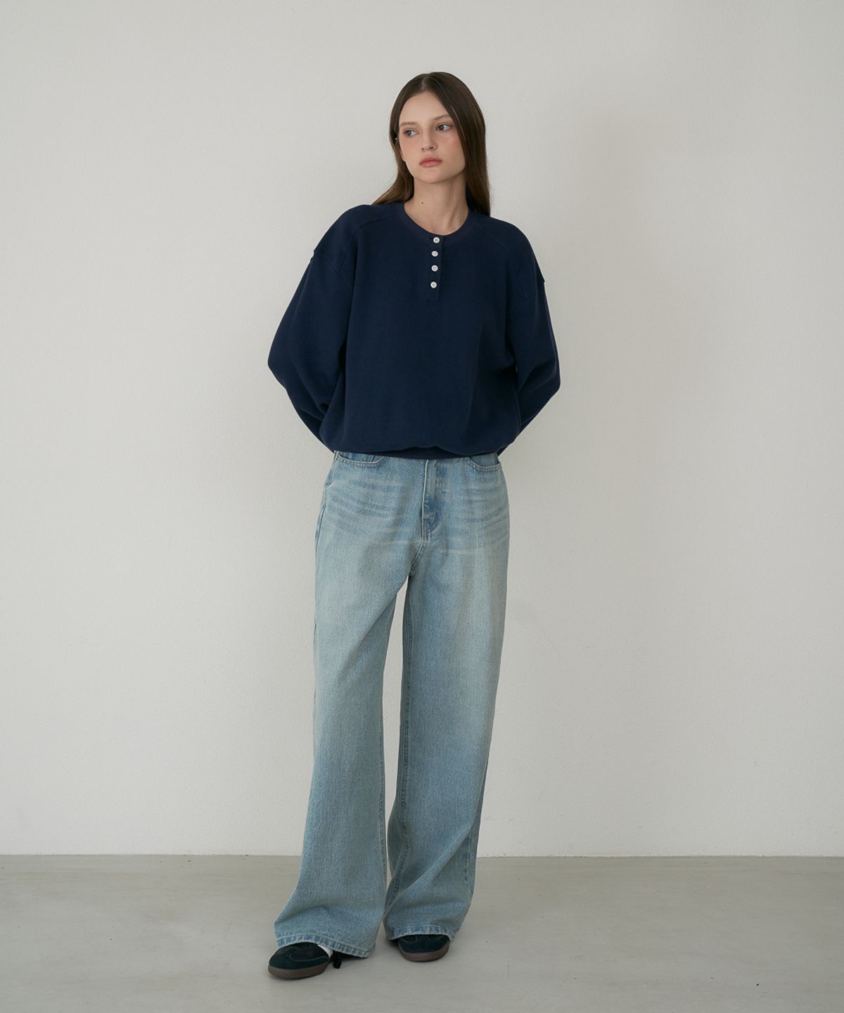 드헤베(DEHEVE) Check Henley-neck Sweatshirt [Navy]