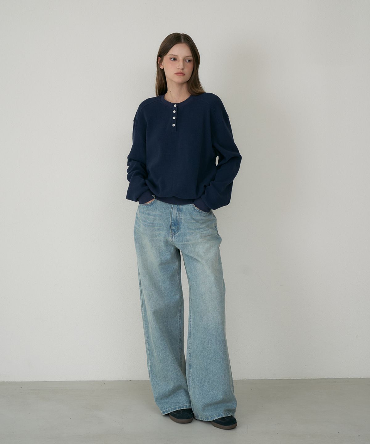 드헤베(DEHEVE) Check Henley-neck Sweatshirt [Navy]