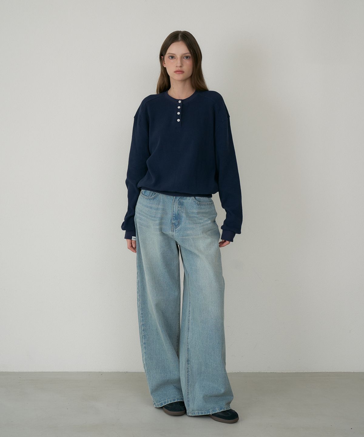 드헤베(DEHEVE) Check Henley-neck Sweatshirt [Navy]