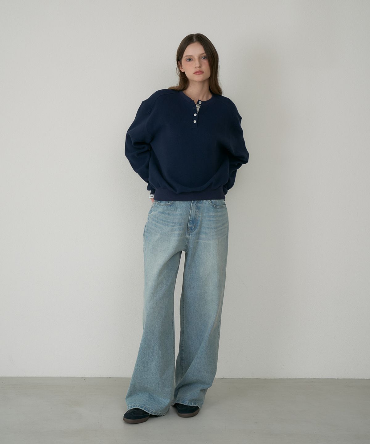 드헤베(DEHEVE) Check Henley-neck Sweatshirt [Navy]