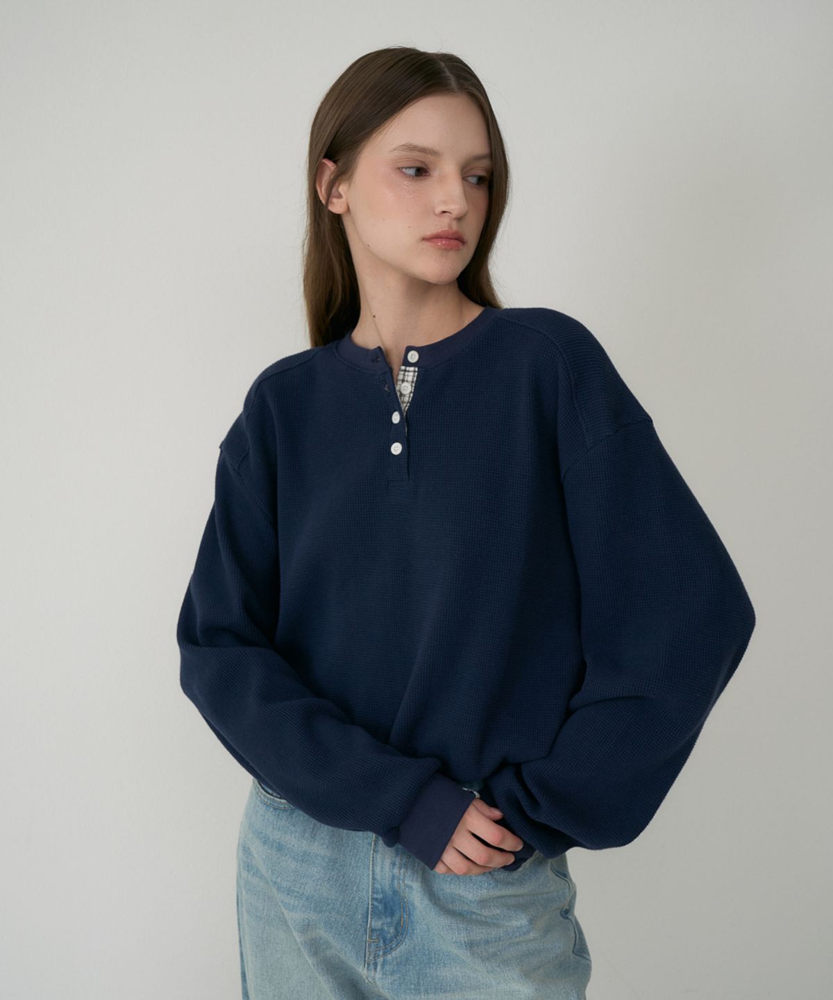 드헤베(DEHEVE) Check Henley-neck Sweatshirt [Navy]