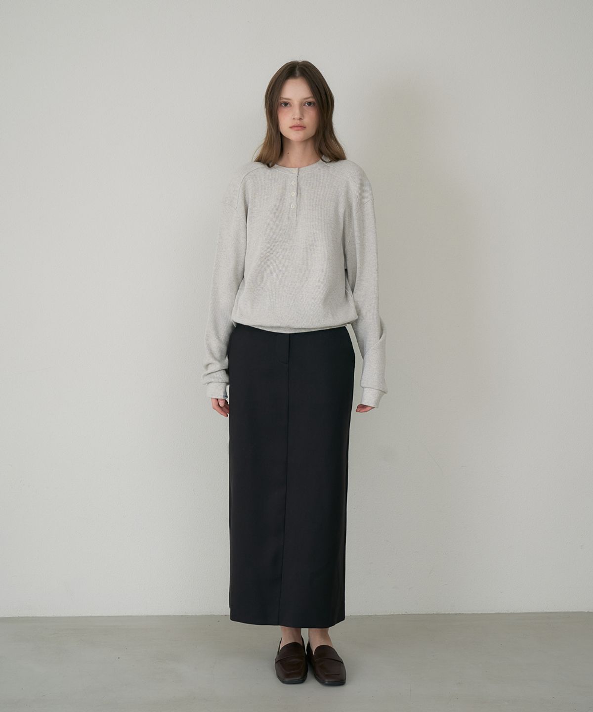 드헤베(DEHEVE) Check Henley-neck Sweatshirt [Oatmeal]