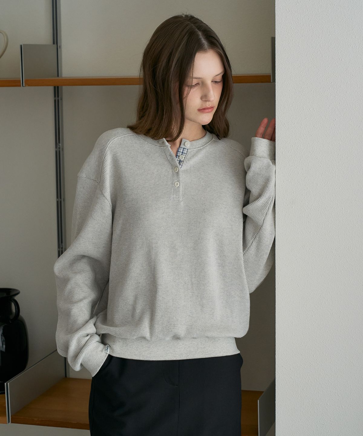 드헤베(DEHEVE) Check Henley-neck Sweatshirt [Oatmeal]