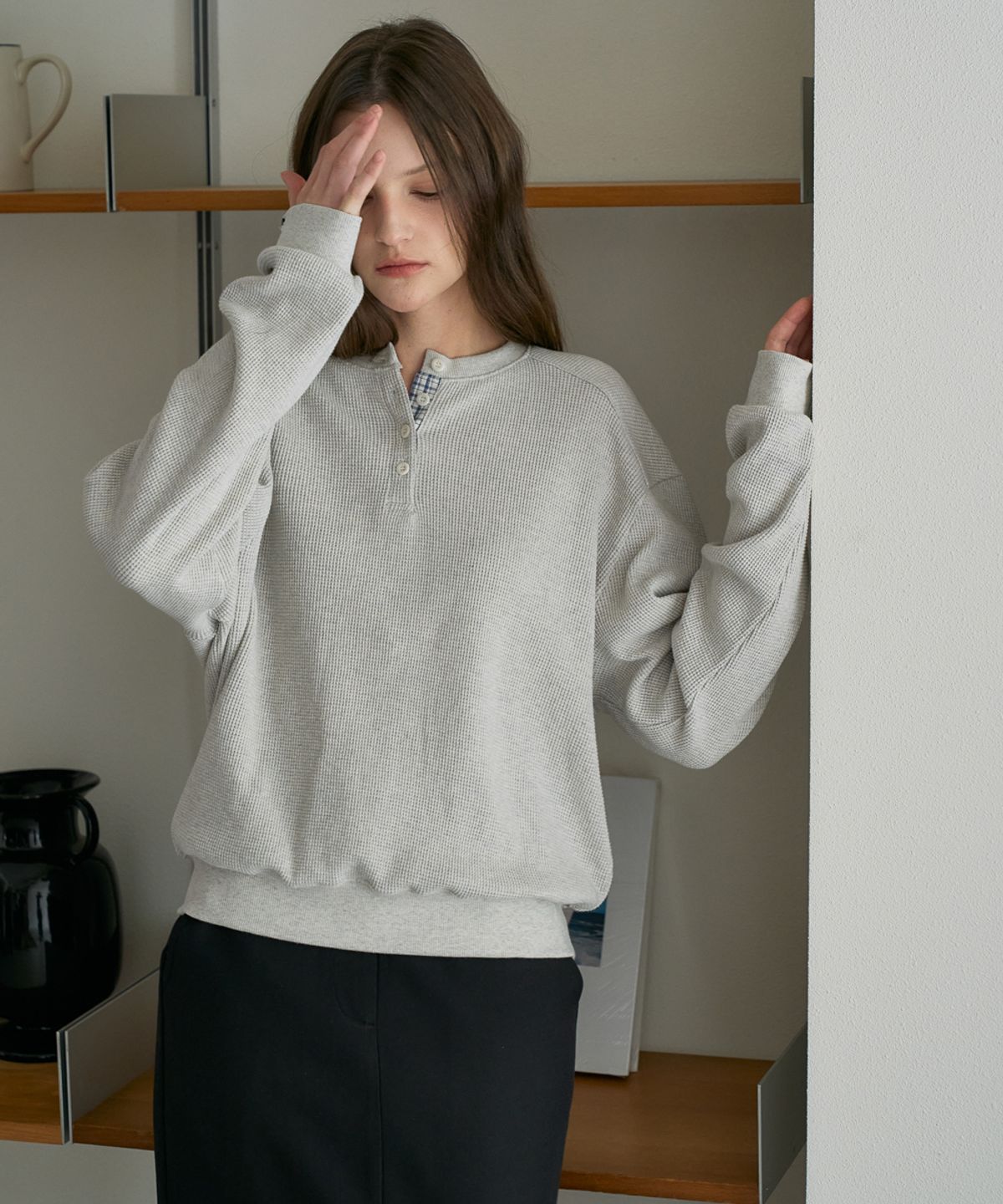 드헤베(DEHEVE) Check Henley-neck Sweatshirt [Oatmeal]