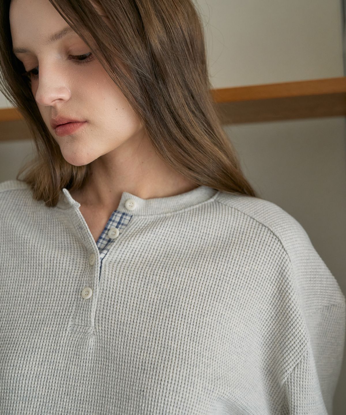 드헤베(DEHEVE) Check Henley-neck Sweatshirt [Oatmeal]