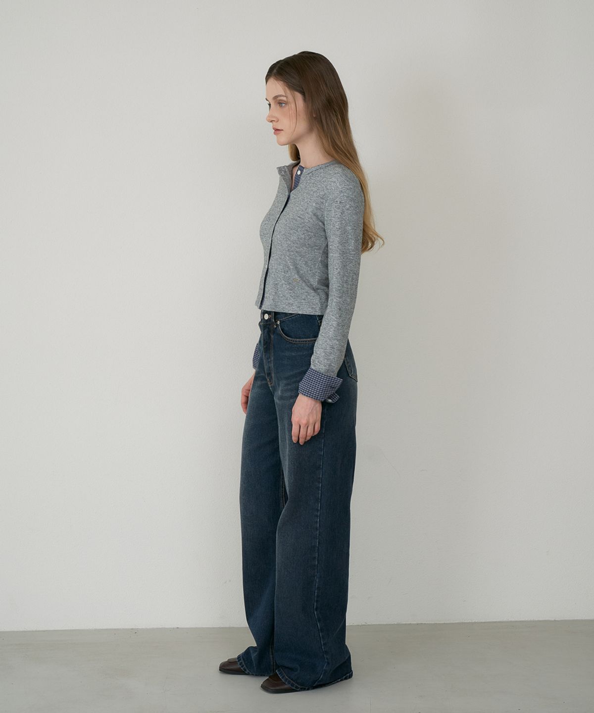 드헤베(DEHEVE) Check Trim Wool Cardigan [Gray]