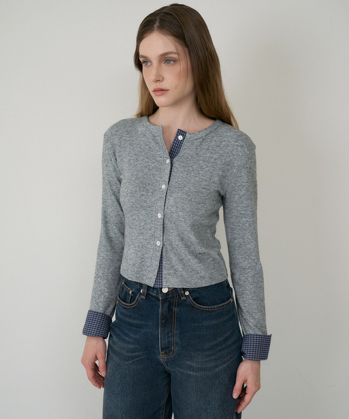 드헤베(DEHEVE) Check Trim Wool Cardigan [Gray]