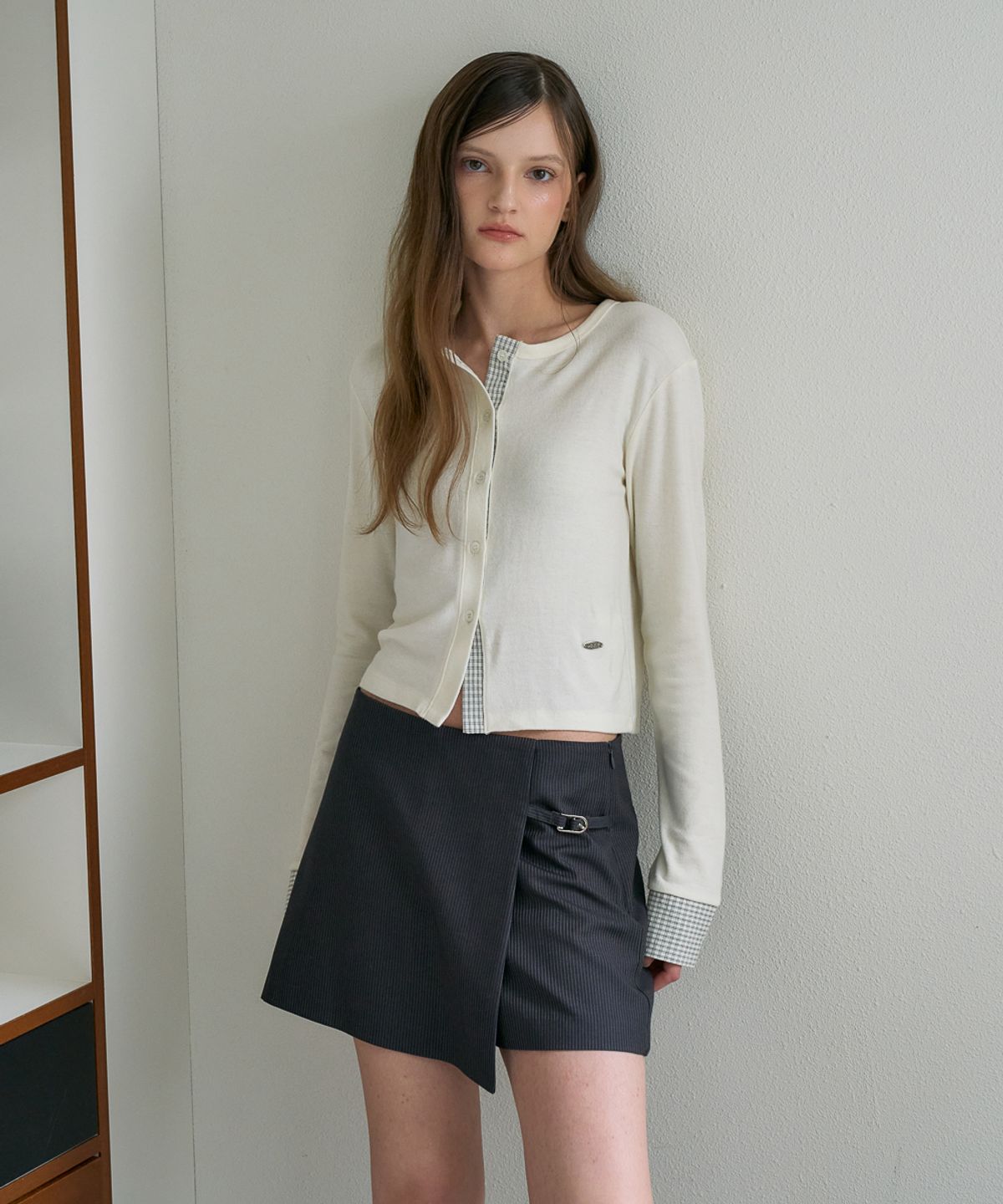 드헤베(DEHEVE) Check Trim Wool Cardigan [Ivory]