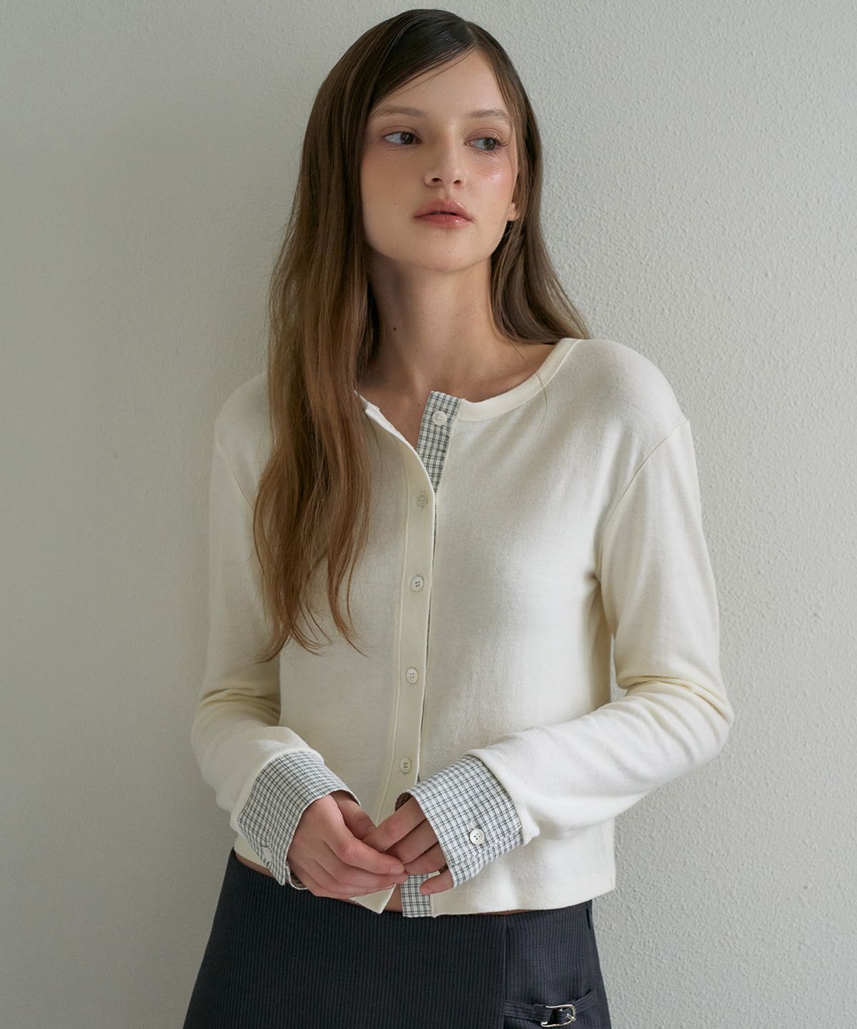 드헤베(DEHEVE) Check Trim Wool Cardigan [Ivory]