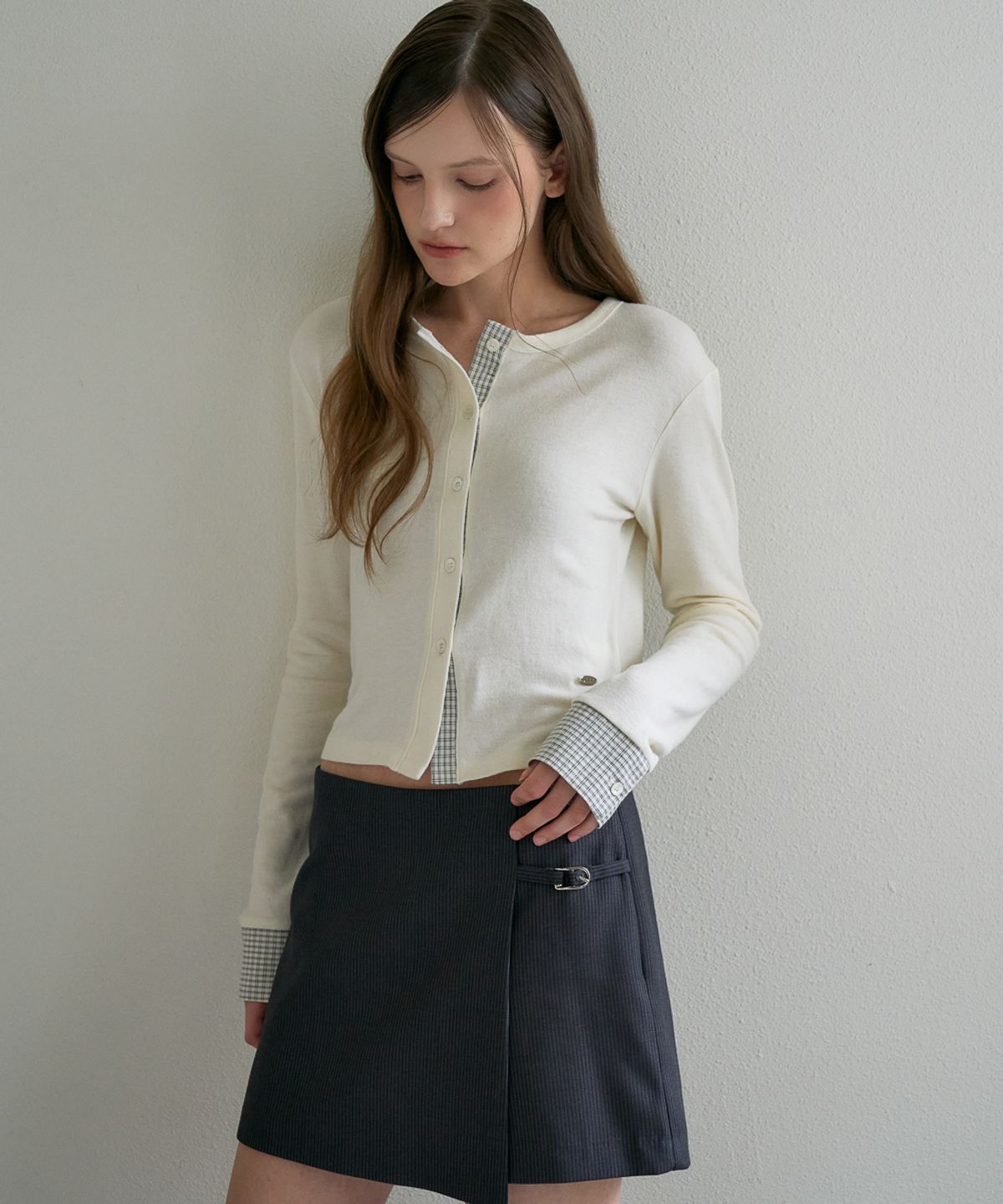 드헤베(DEHEVE) Check Trim Wool Cardigan [Ivory]