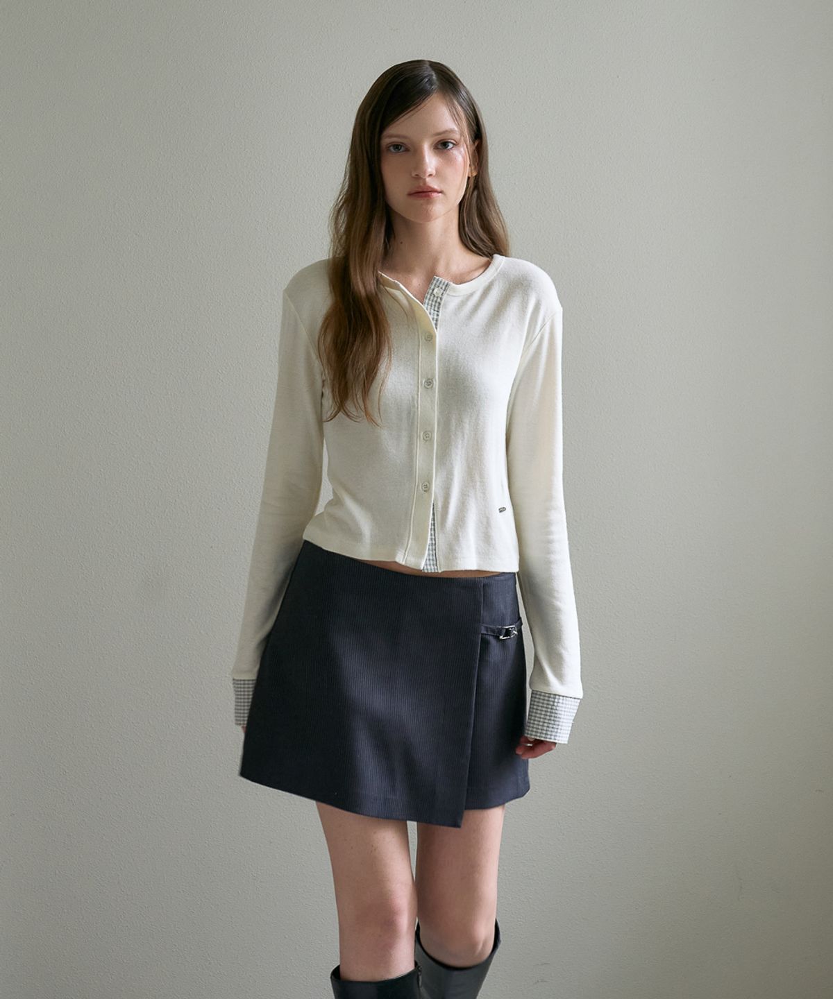 드헤베(DEHEVE) Check Trim Wool Cardigan [Ivory]