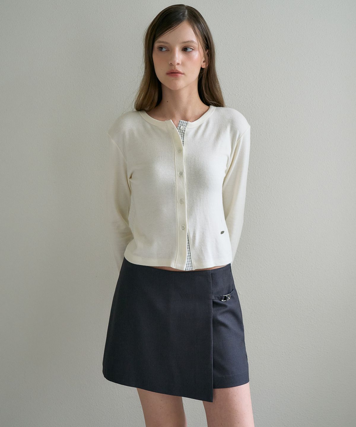 드헤베(DEHEVE) Check Trim Wool Cardigan [Ivory]