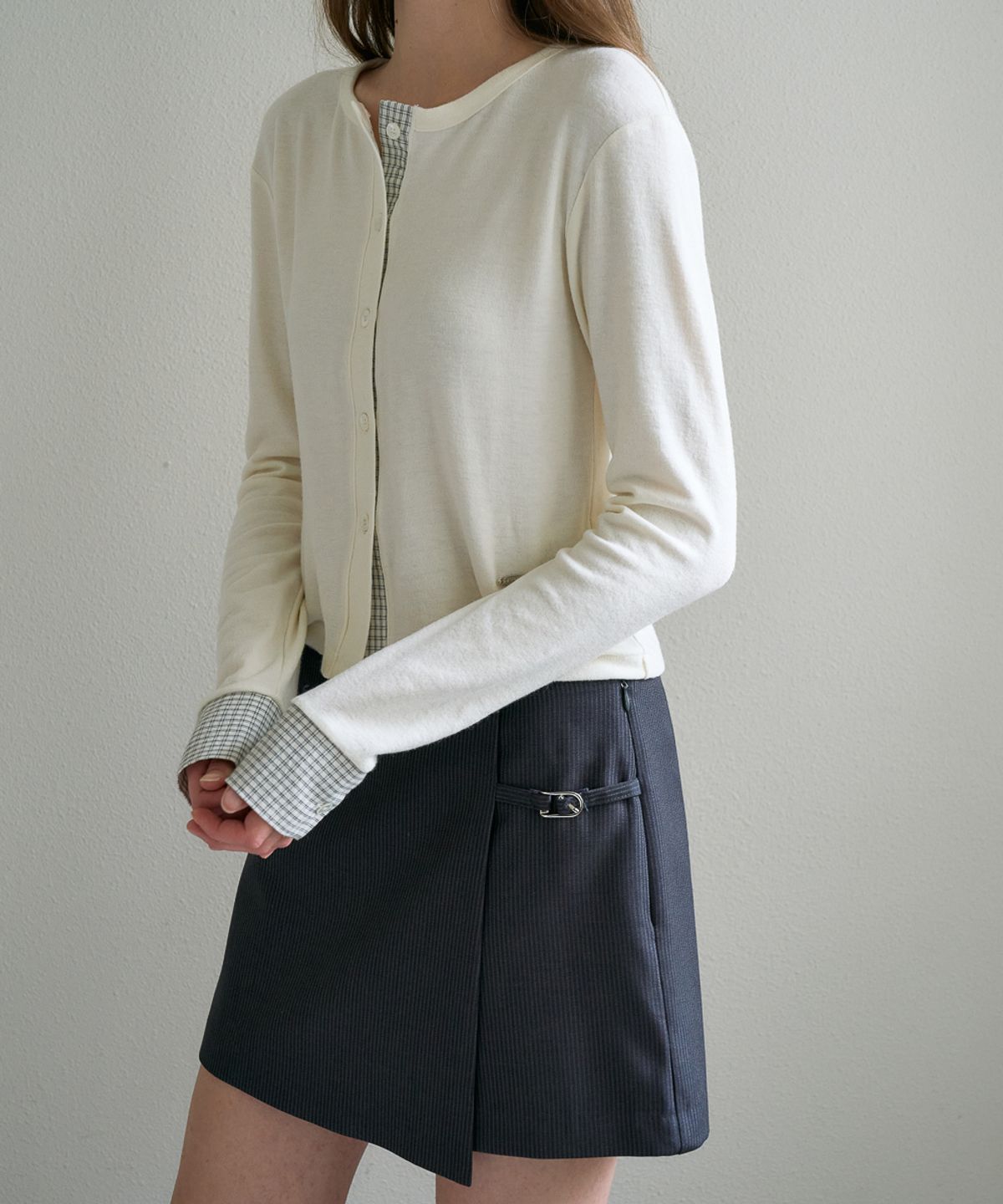 드헤베(DEHEVE) Check Trim Wool Cardigan [Ivory]