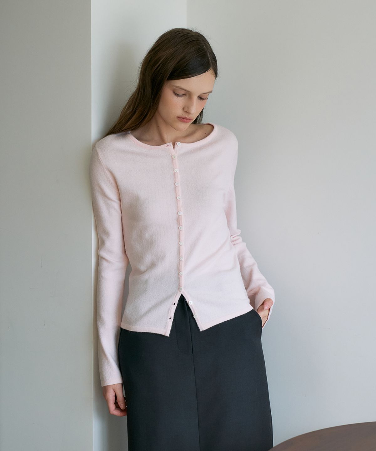 드헤베(DEHEVE) Slim Button Cardigan [Pink]
