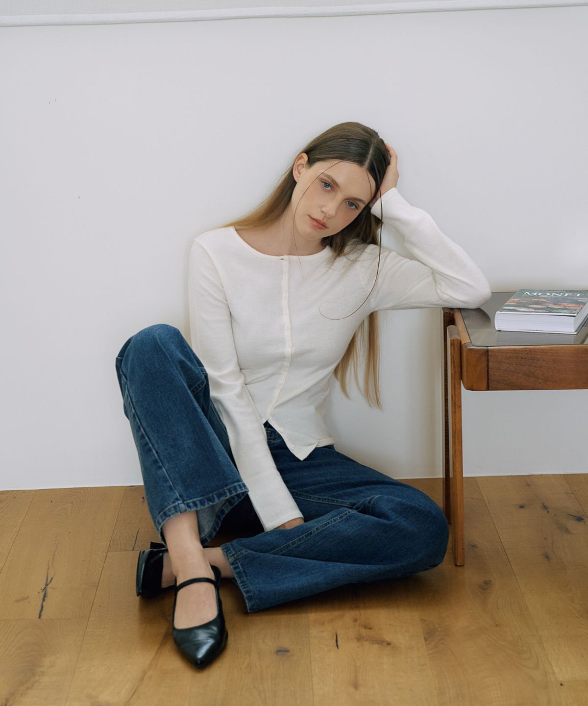 드헤베(DEHEVE) Slim Button Cardigan [Ivory]