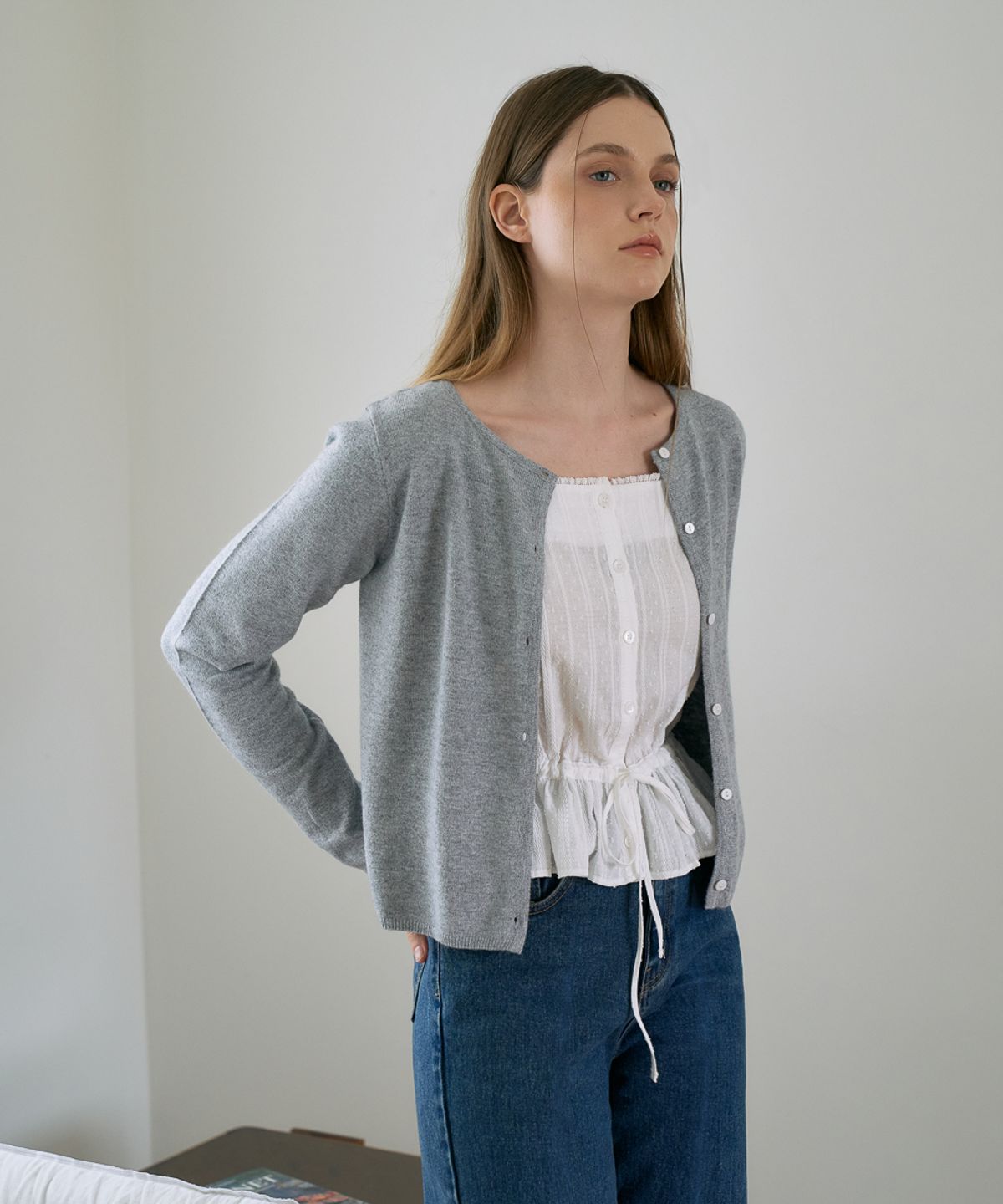 드헤베(DEHEVE) Wool Basic Crop Cardigan [Gray]