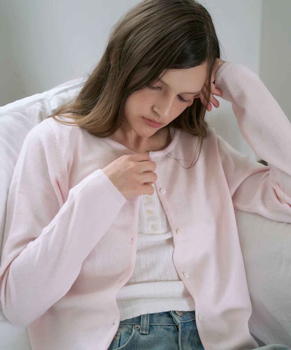 드헤베(DEHEVE) Wool Basic Crop Cardigan [Pink]
