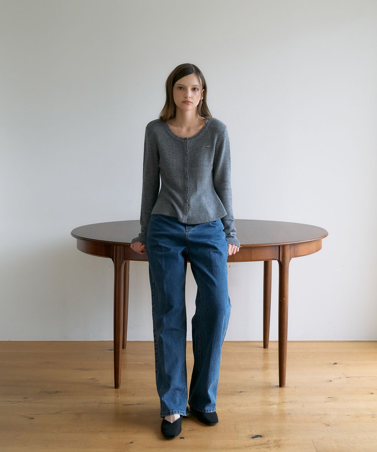 드헤베(DEHEVE) Wool Flare Frill Cardigan [Gray]