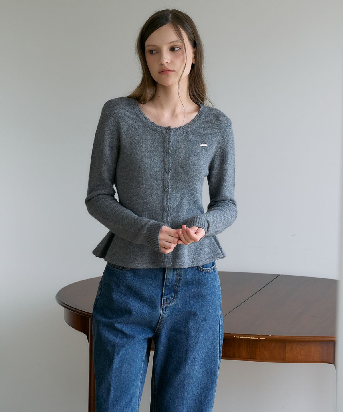 드헤베(DEHEVE) Wool Flare Frill Cardigan [Gray]