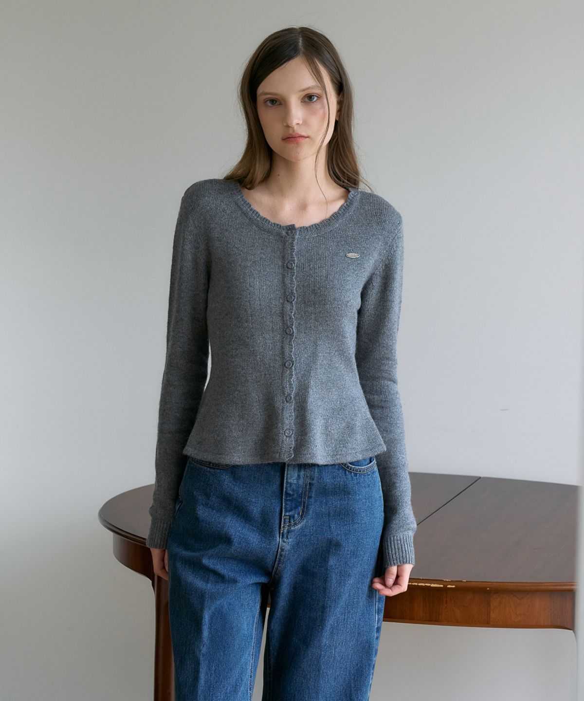 드헤베(DEHEVE) Wool Flare Frill Cardigan [Gray]