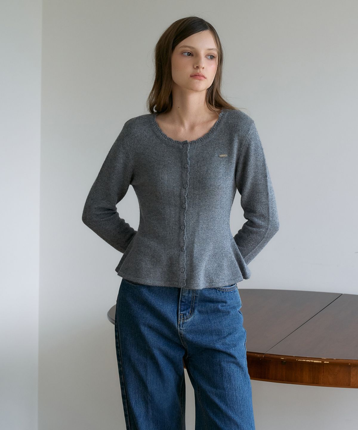 드헤베(DEHEVE) Wool Flare Frill Cardigan [Gray]