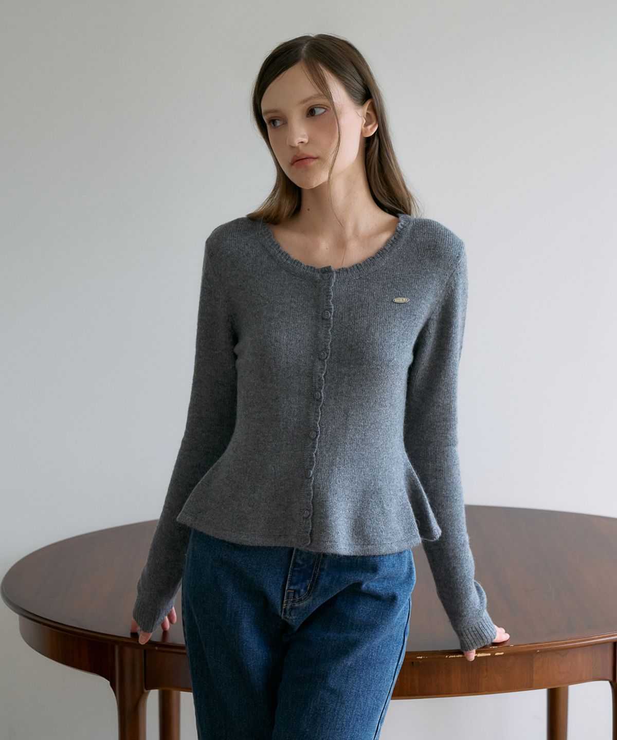 드헤베(DEHEVE) Wool Flare Frill Cardigan [Gray]