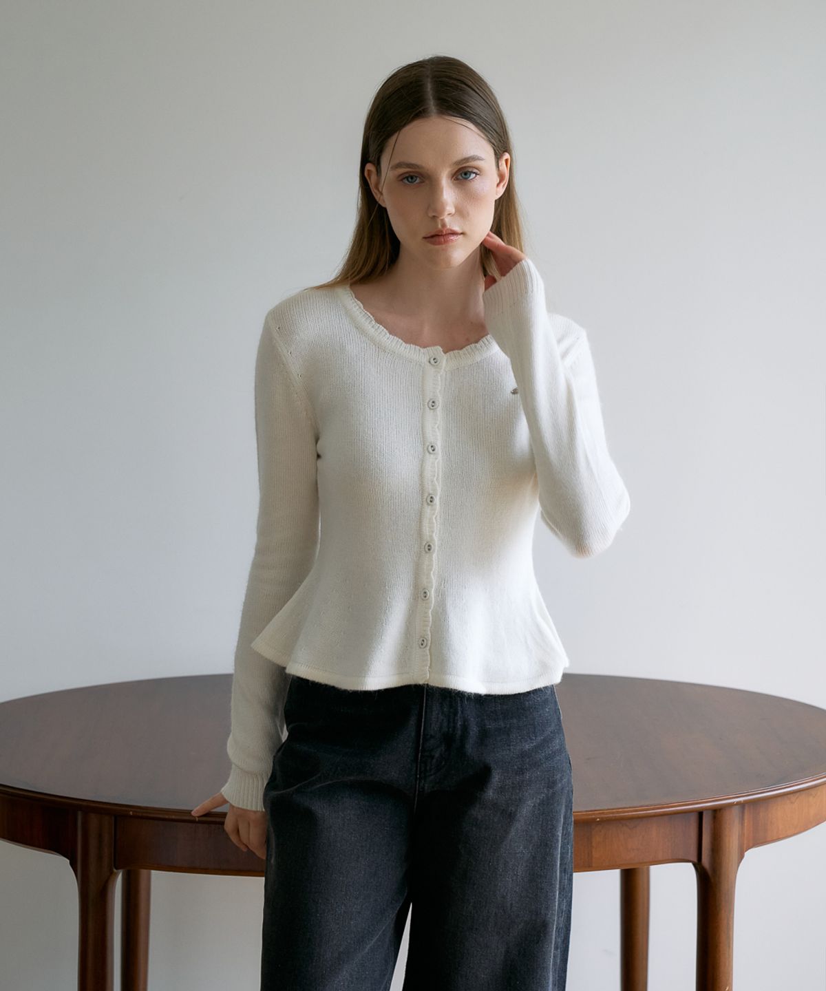 드헤베(DEHEVE) Wool Flare Frill Cardigan [Ivory]