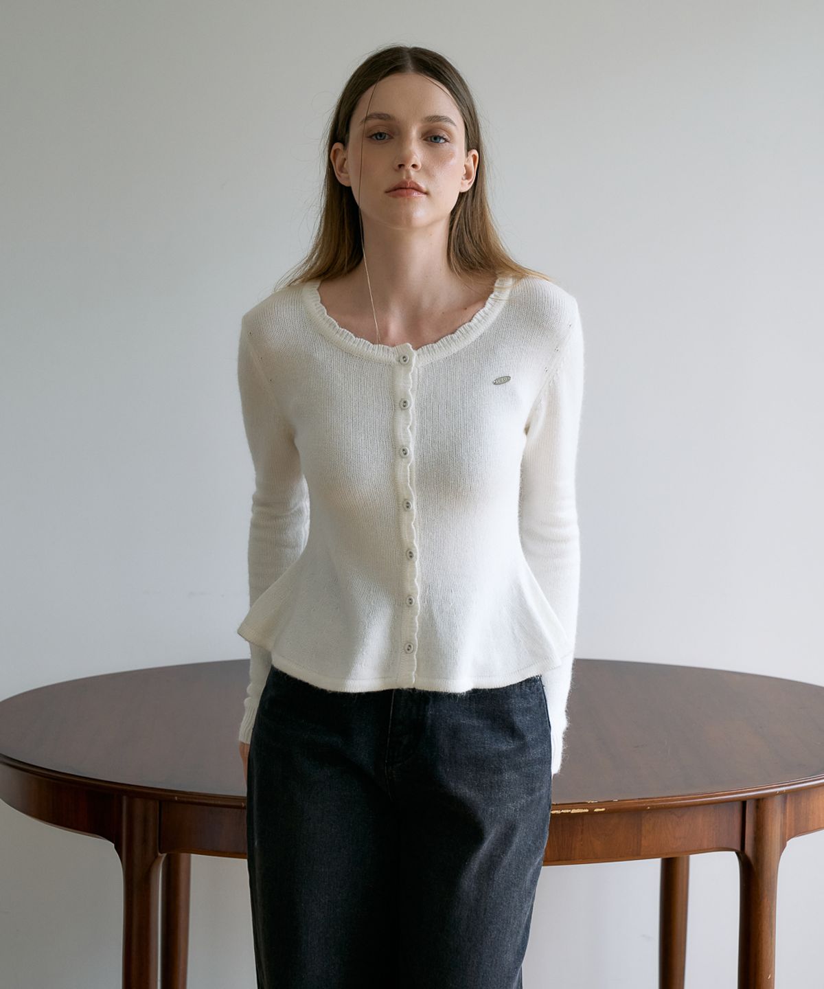 드헤베(DEHEVE) Wool Flare Frill Cardigan [Ivory]