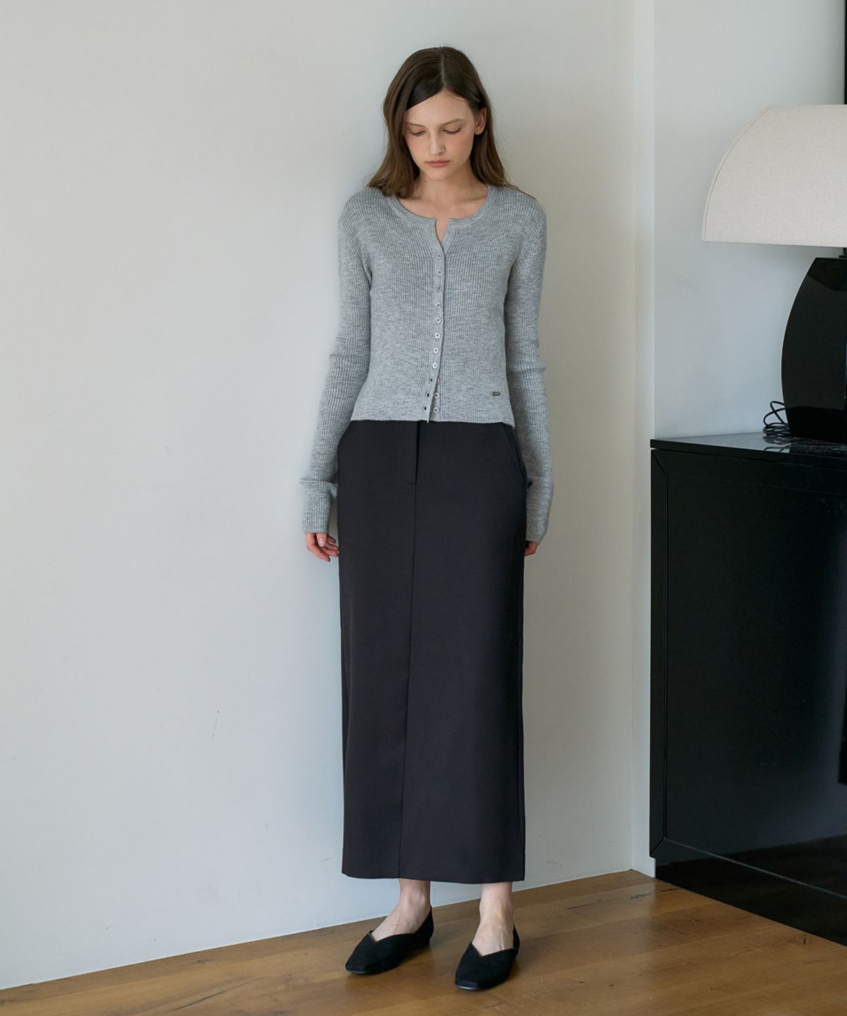 드헤베(DEHEVE) Slim Rib Cardigan [Gray]