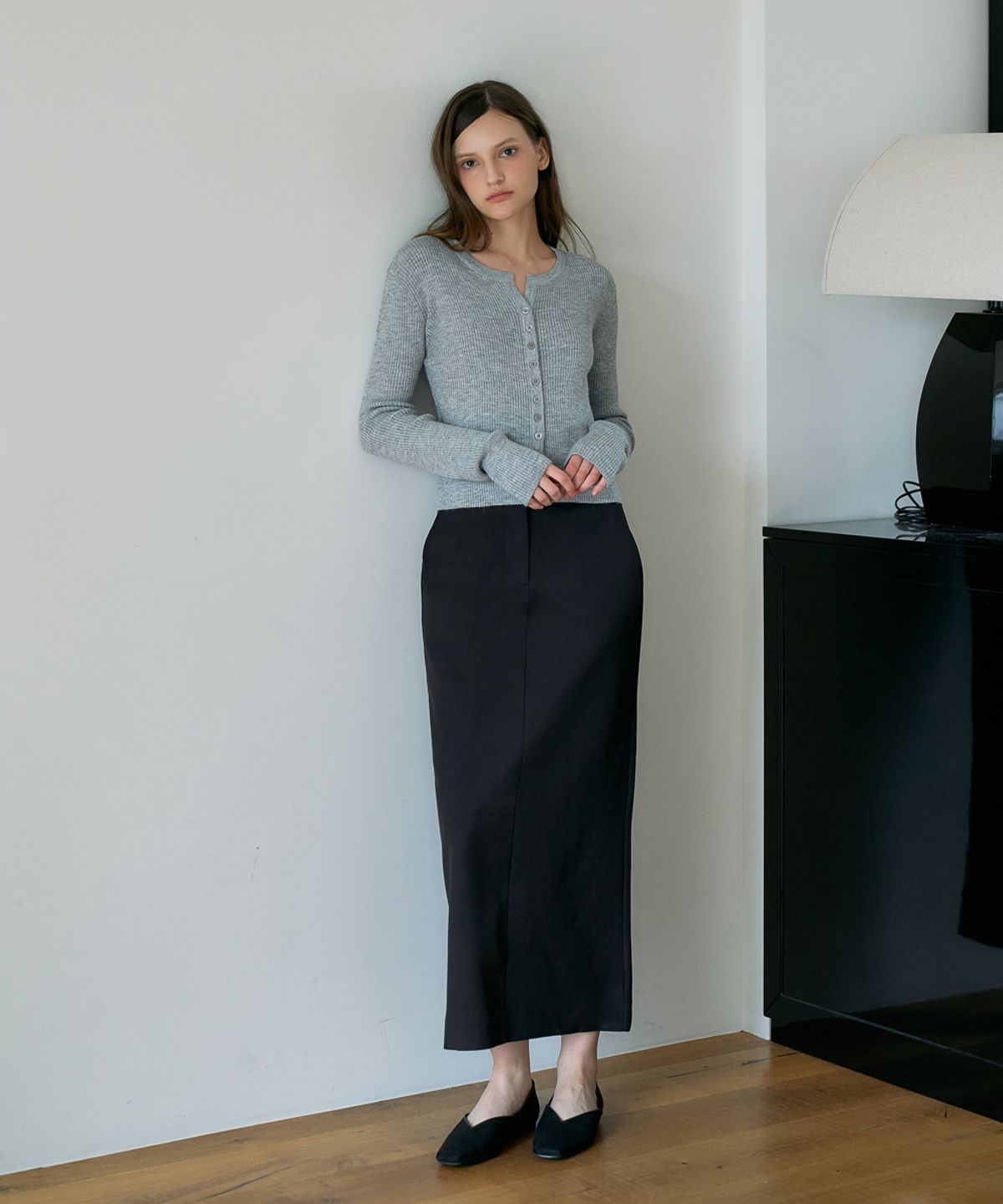 드헤베(DEHEVE) Slim Rib Cardigan [Gray]