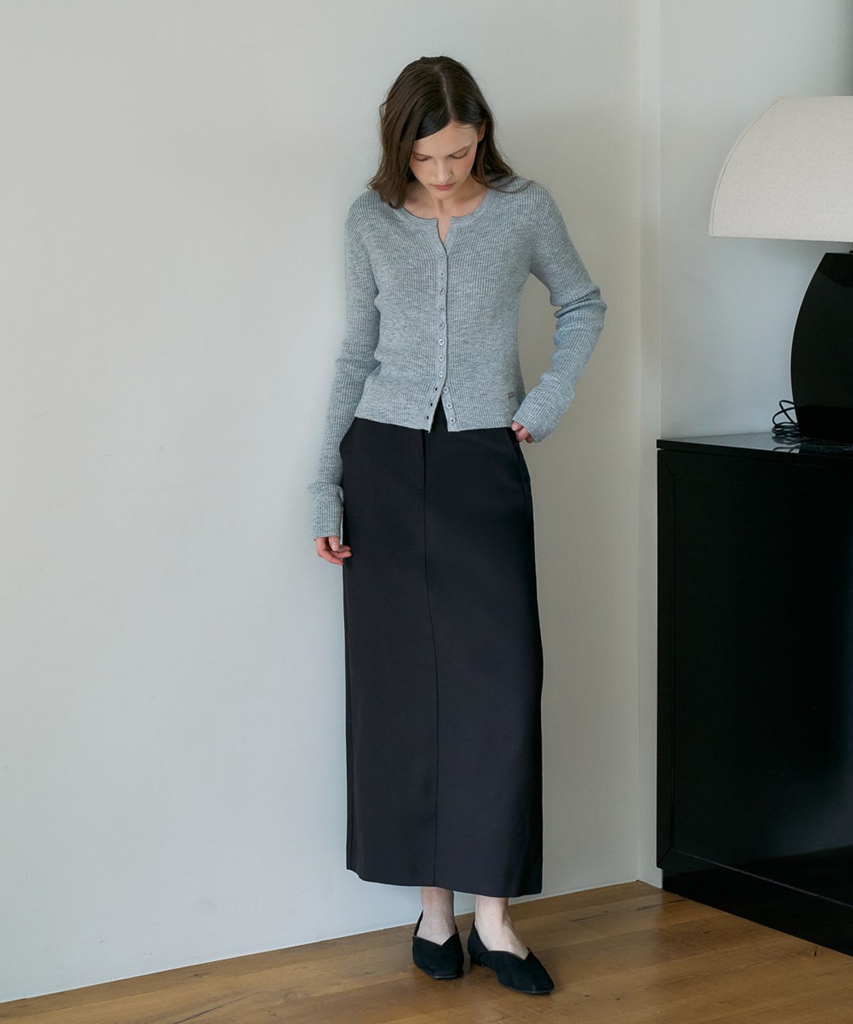 드헤베(DEHEVE) Slim Rib Cardigan [Gray]