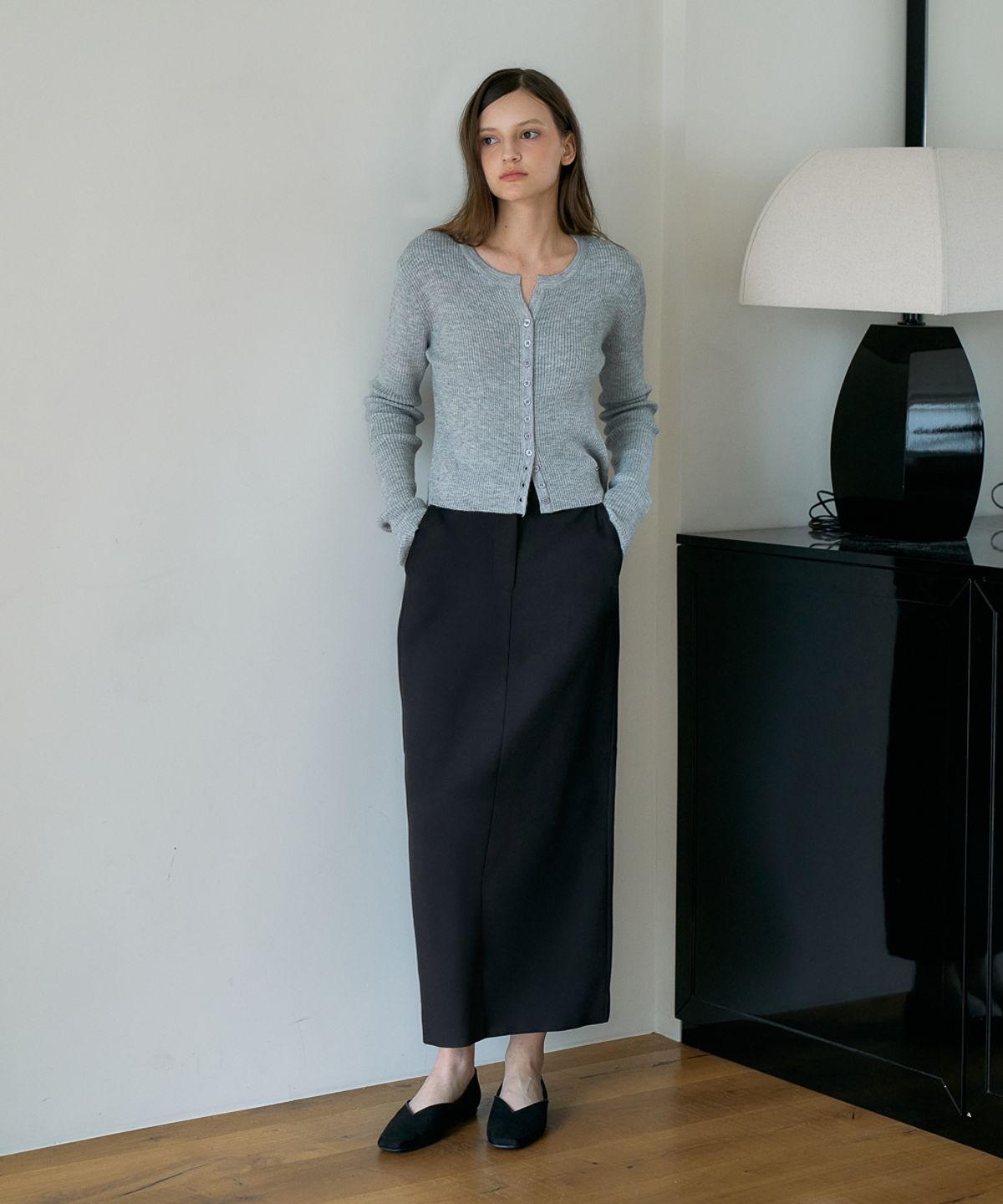 드헤베(DEHEVE) Slim Rib Cardigan [Gray]