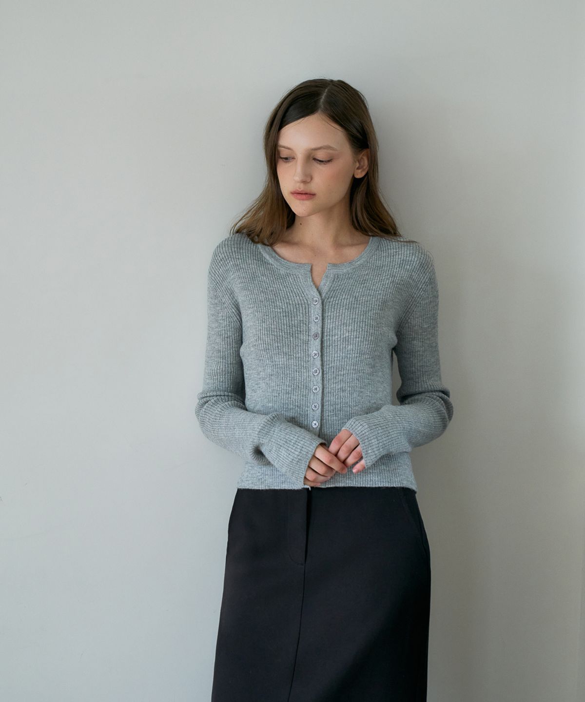 드헤베(DEHEVE) Slim Rib Cardigan [Gray]