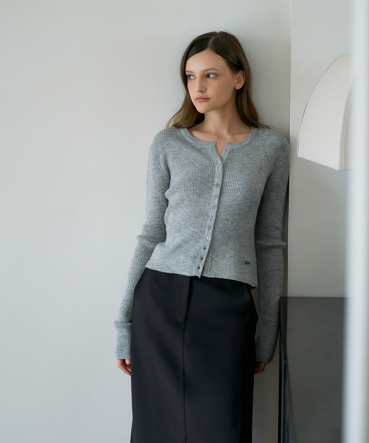 드헤베(DEHEVE) Slim Rib Cardigan [Gray]