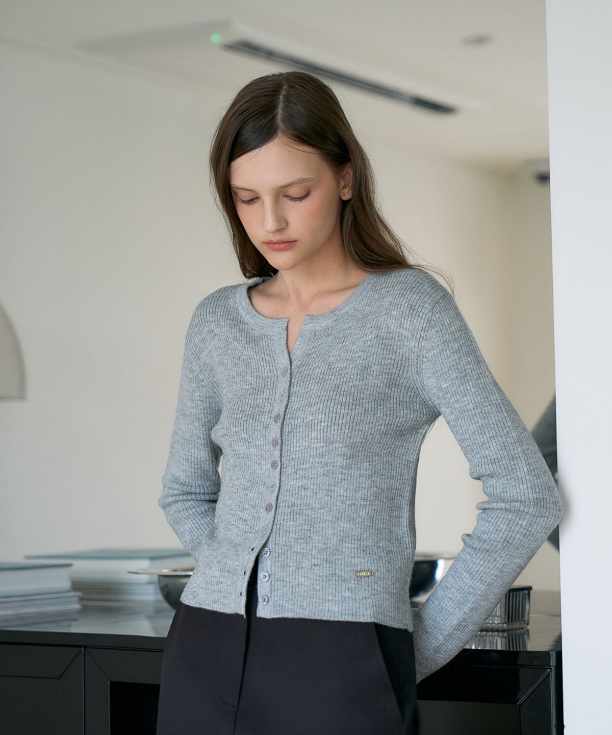 드헤베(DEHEVE) Slim Rib Cardigan [Gray]