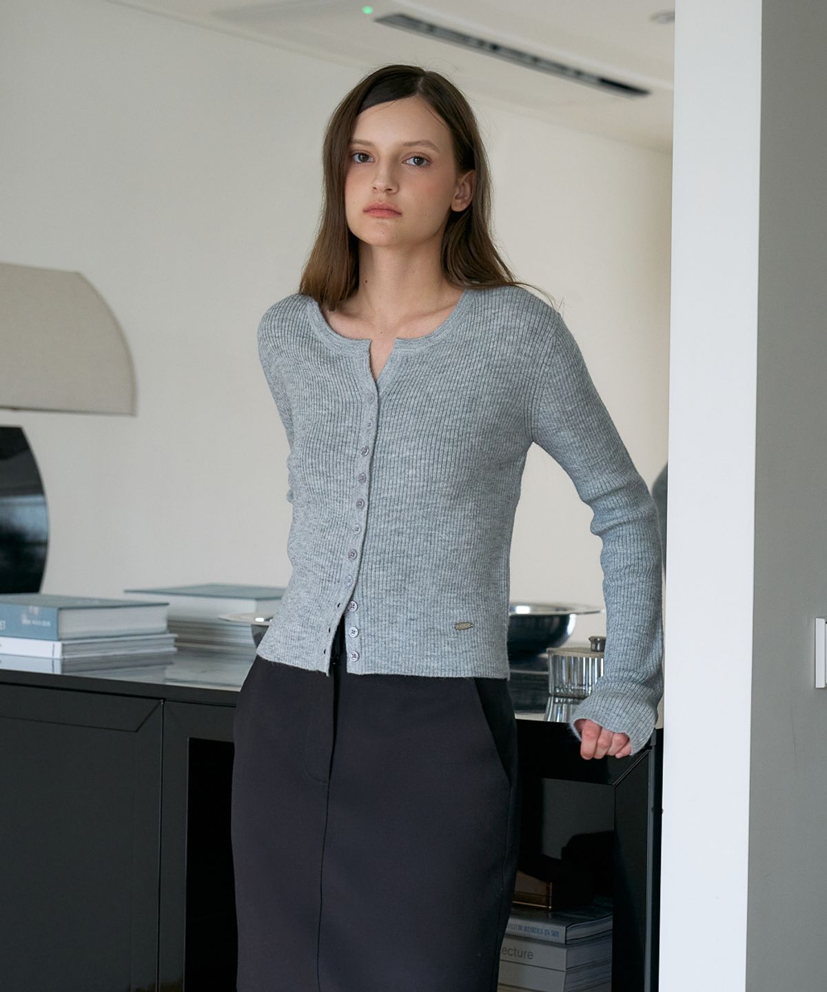 드헤베(DEHEVE) Slim Rib Cardigan [Gray]