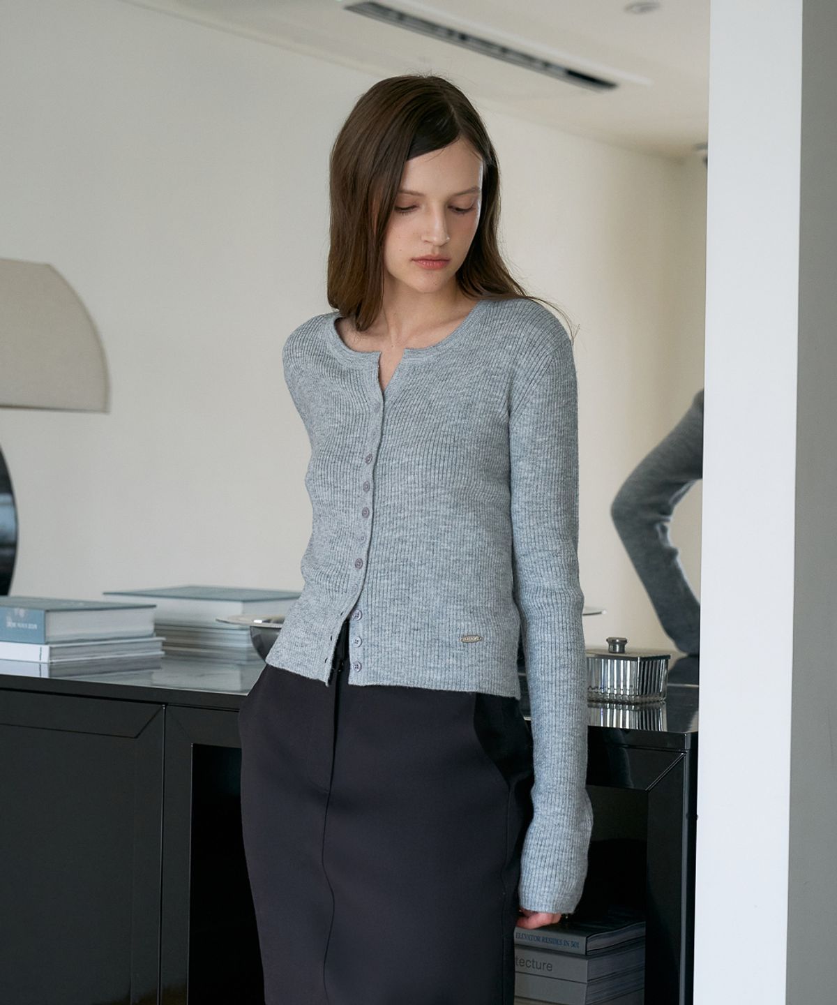 드헤베(DEHEVE) Slim Rib Cardigan [Gray]