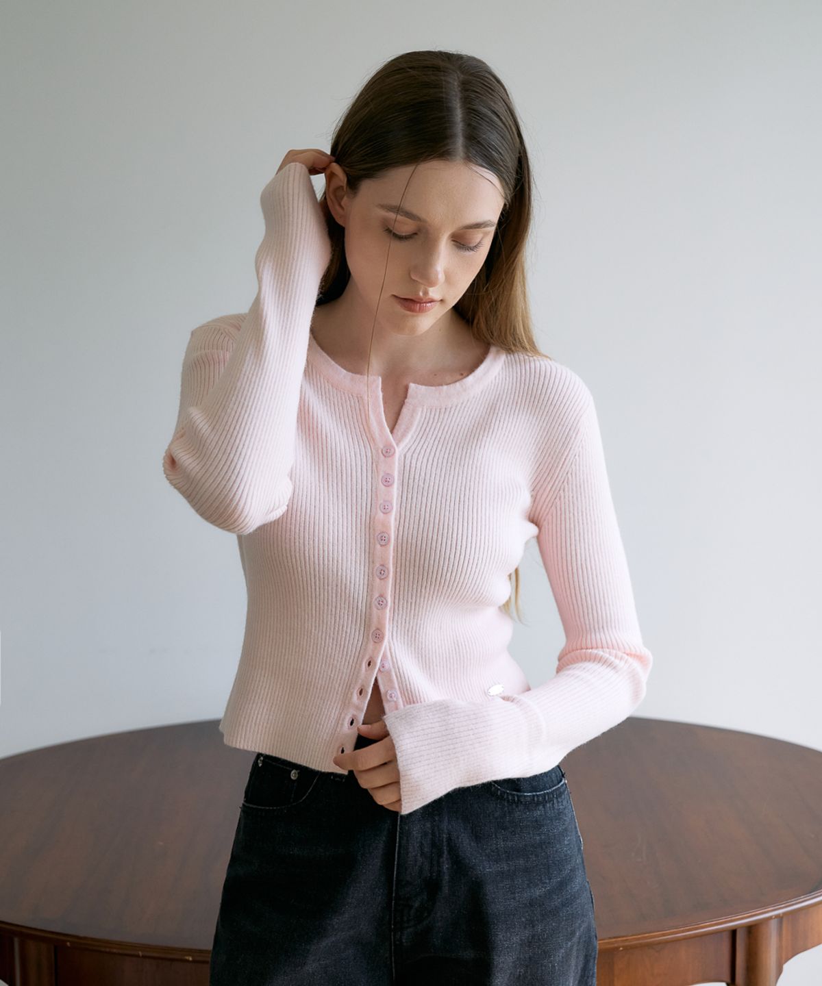 드헤베(DEHEVE) Slim Rib Cardigan [Pink]