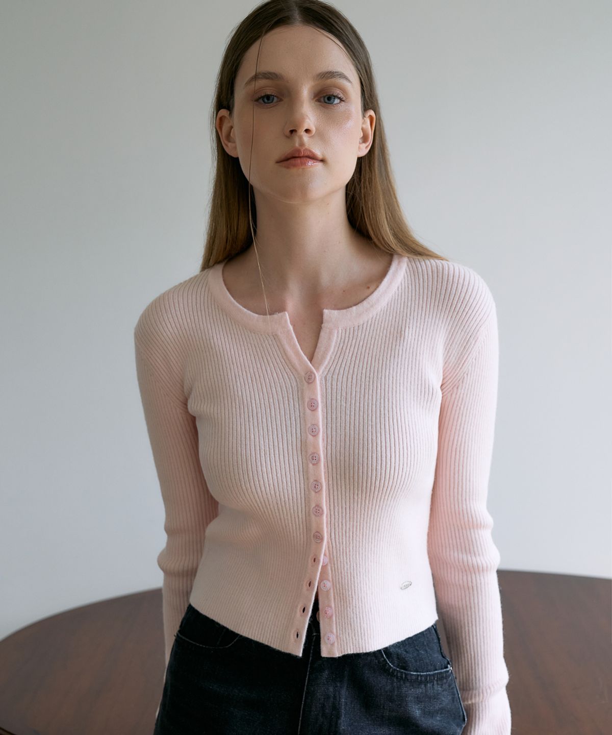 드헤베(DEHEVE) Slim Rib Cardigan [Pink]