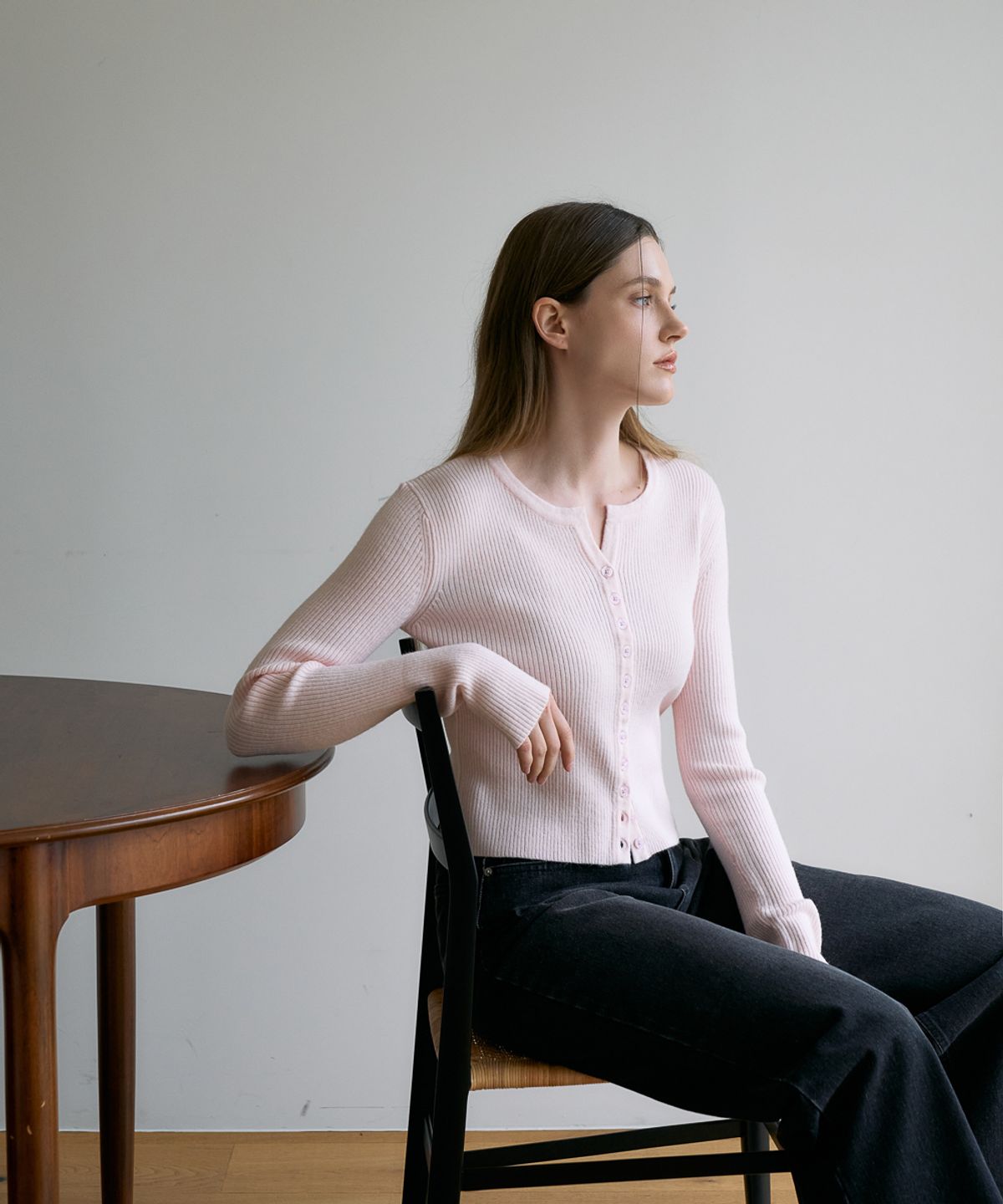 드헤베(DEHEVE) Slim Rib Cardigan [Pink]