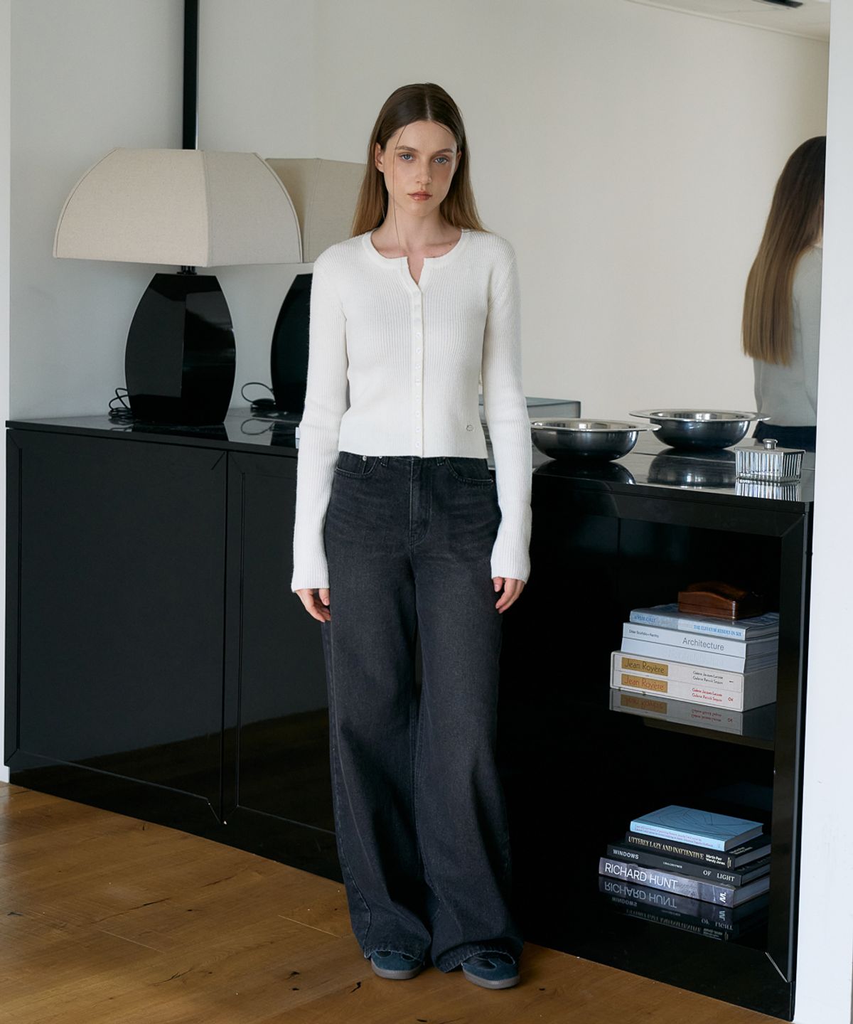 드헤베(DEHEVE) Slim Rib Cardigan [Ivory]