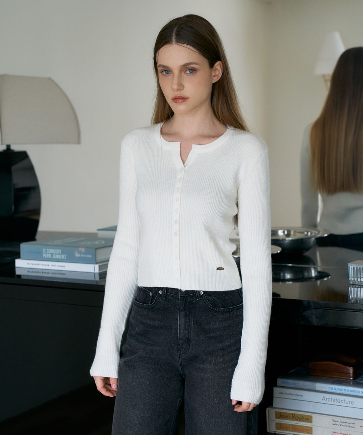 드헤베(DEHEVE) Slim Rib Cardigan [Ivory]