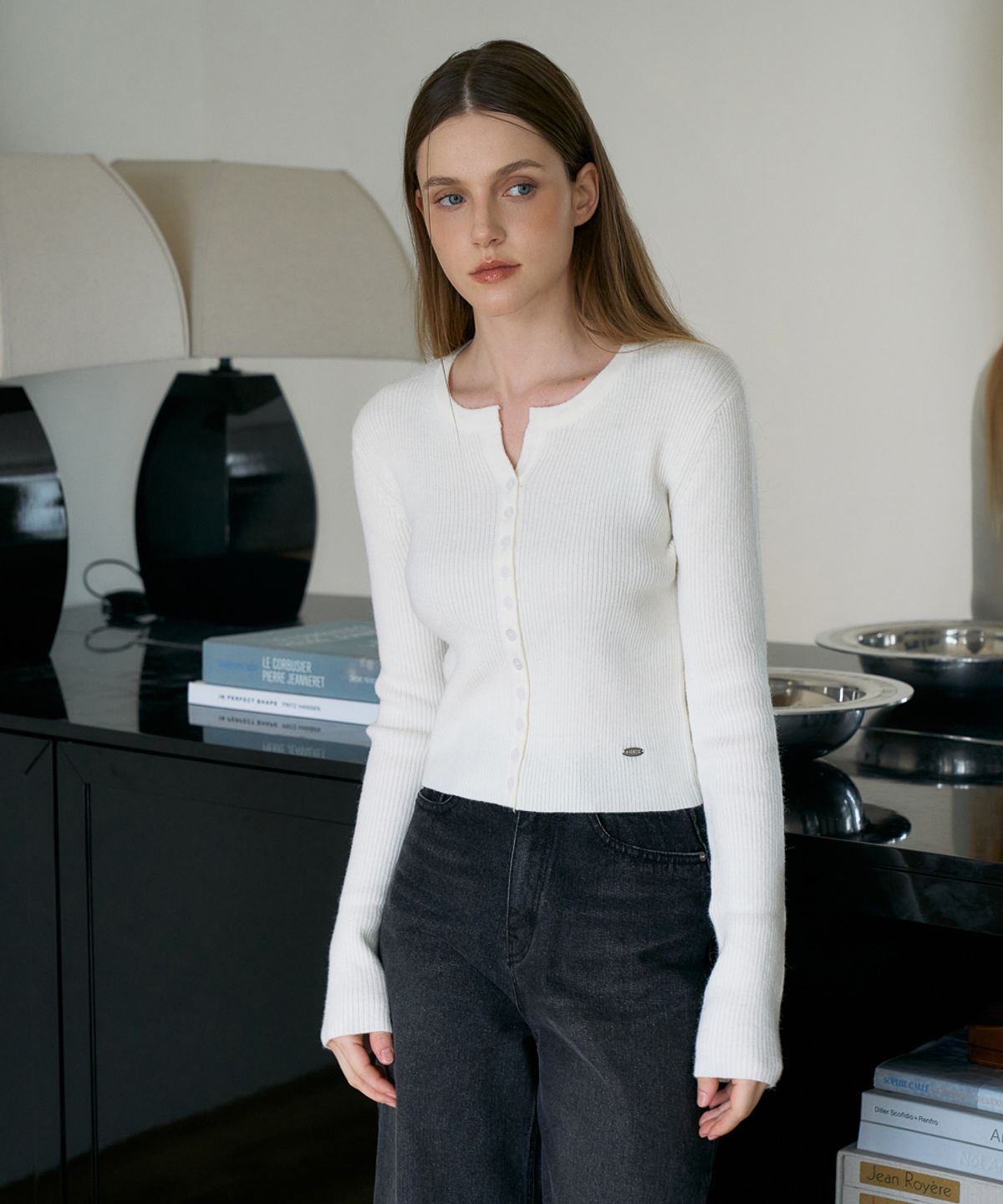 드헤베(DEHEVE) Slim Rib Cardigan [Ivory]