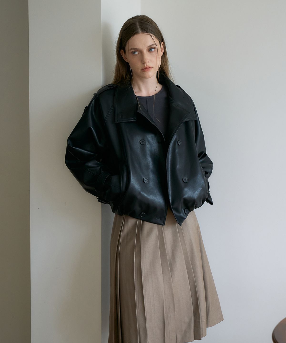 드헤베(DEHEVE) Double High-neck Leather Jumper [Black]