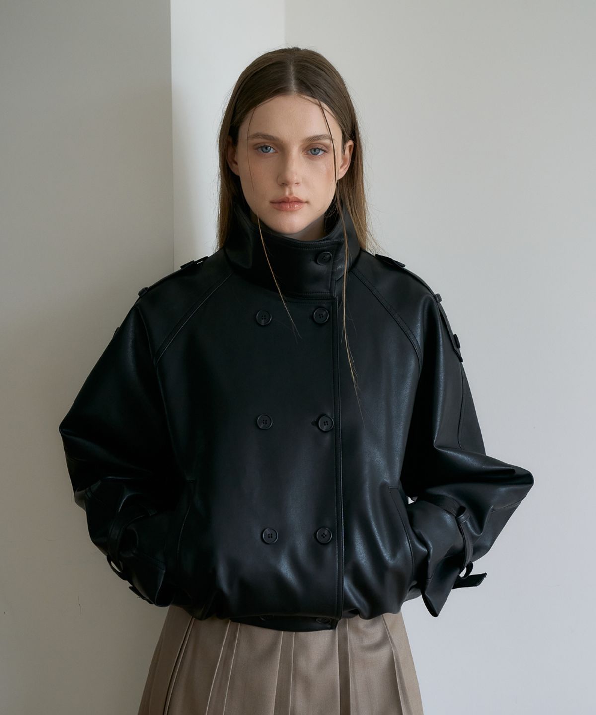드헤베(DEHEVE) Double High-neck Leather Jumper [Black]
