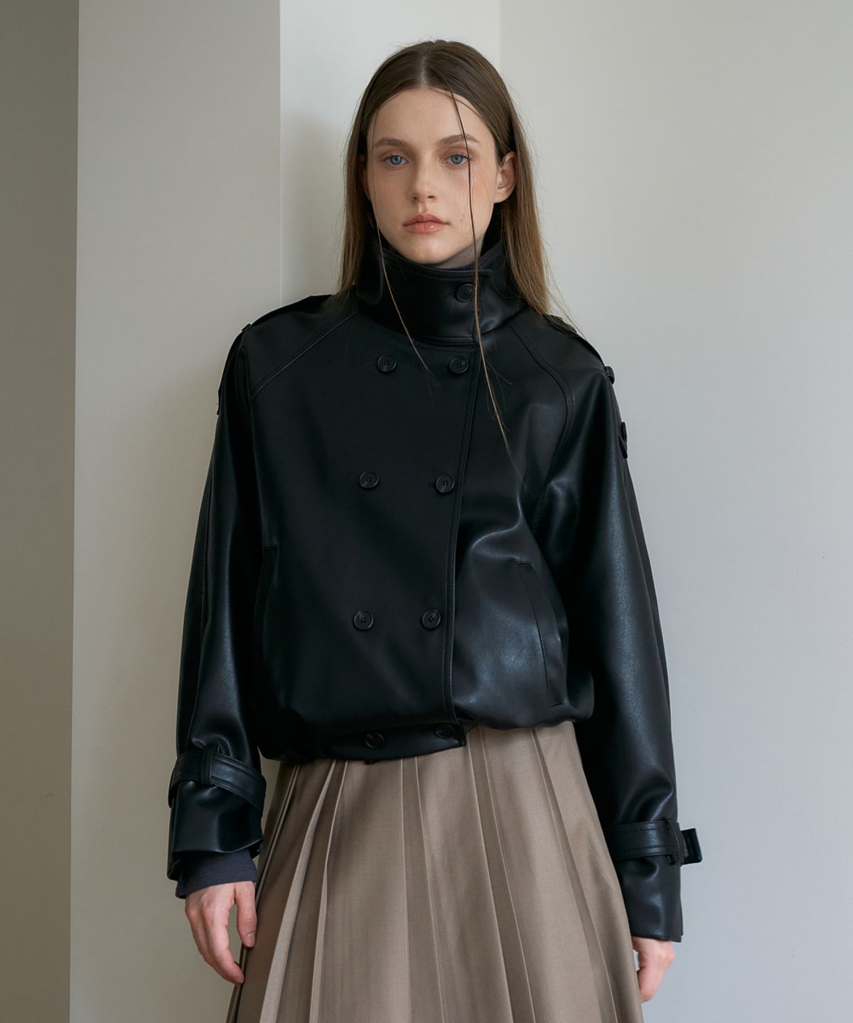 드헤베(DEHEVE) Double High-neck Leather Jumper [Black]
